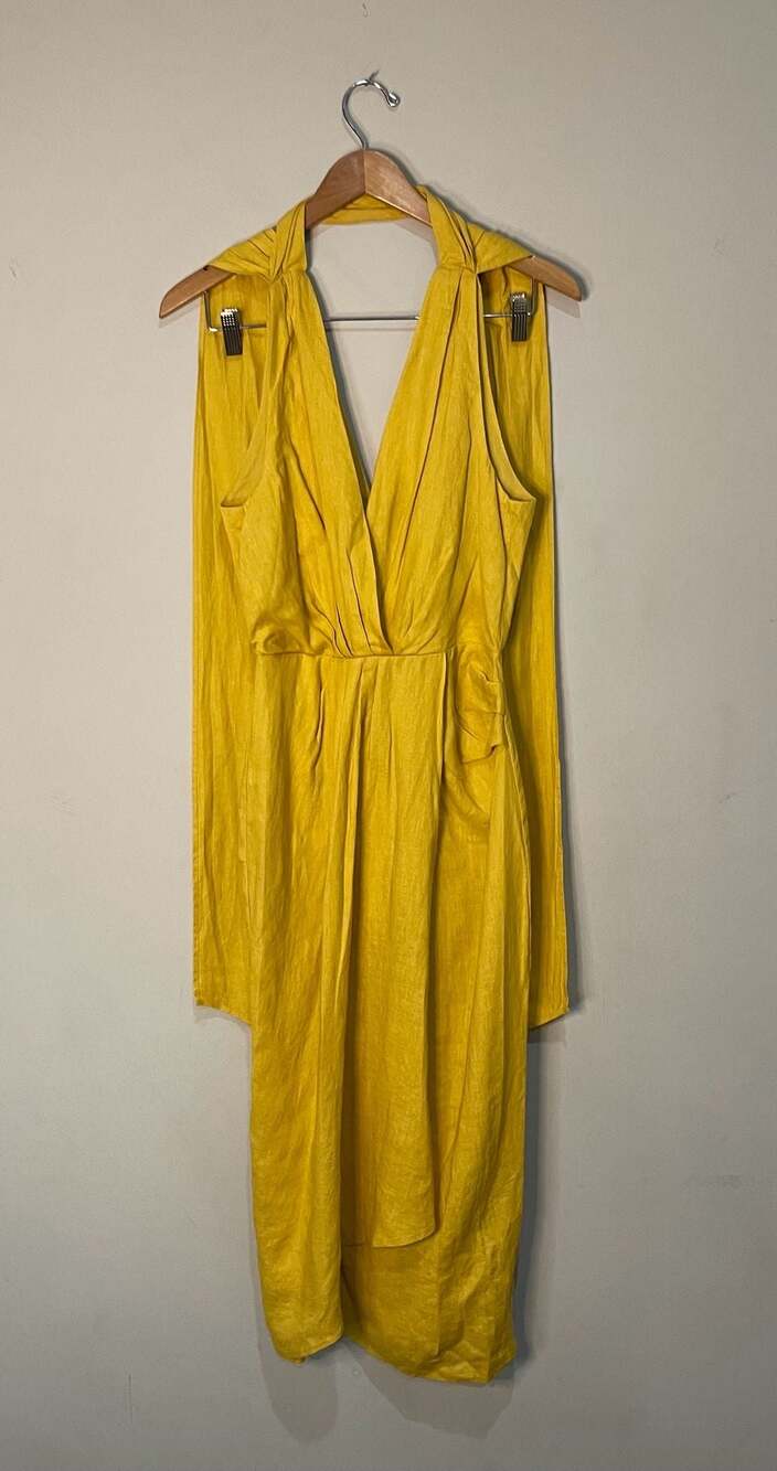 Mango Vestido 423COCO-A Yellow Linen Blend Halter Dress Size XS